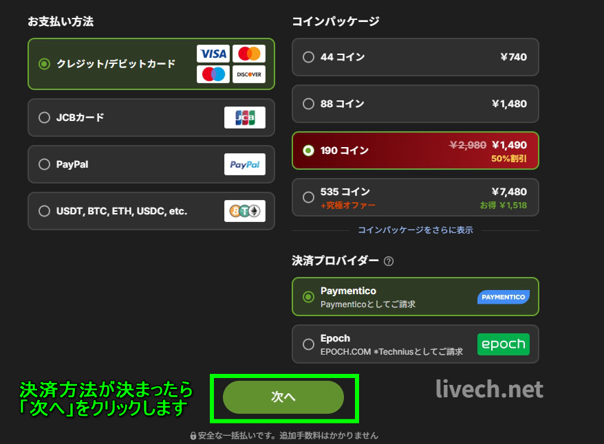 Stripchat 決済プロバイダー選択画面