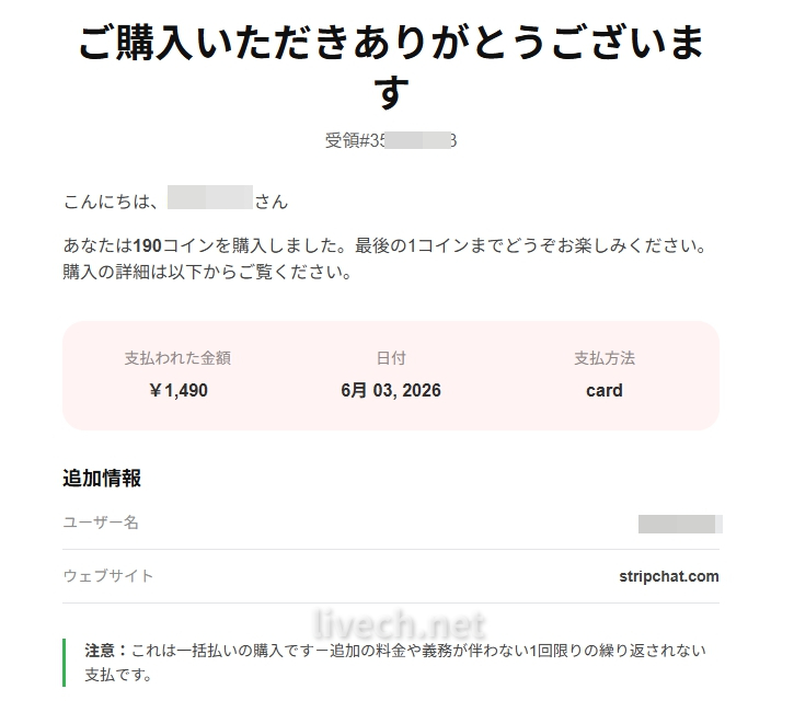 Stripchat 領収書メール本文